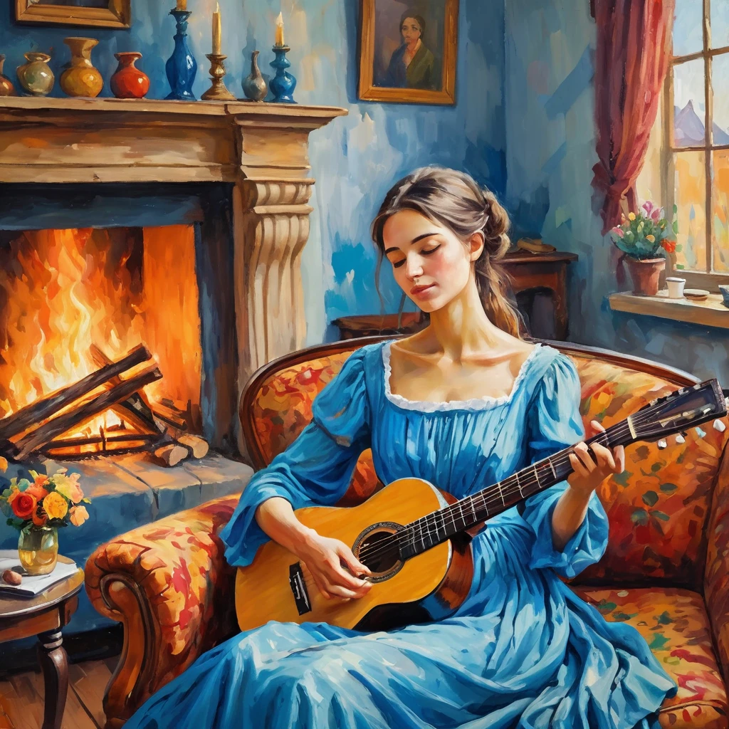 Woman dreaming in a old couch 2 bodies, harmony, peace, beautifuf thin belly and chest, wearing a long blue dress, playing with a guitar, lit fireplace of burning logs in a vintage living room with a open window, impressionism oil painting, Gorgeons splash of vibrant paint