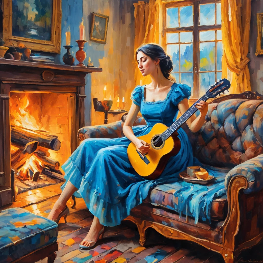 Woman dreaming in a old couch 2 bodies, harmony, peace, beautifuf thin belly and chest, wearing a long blue dress, playing with a guitar, lit fireplace of burning logs in a vintage living room with a open window, impressionism oil painting, Gorgeons splash of vibrant paint