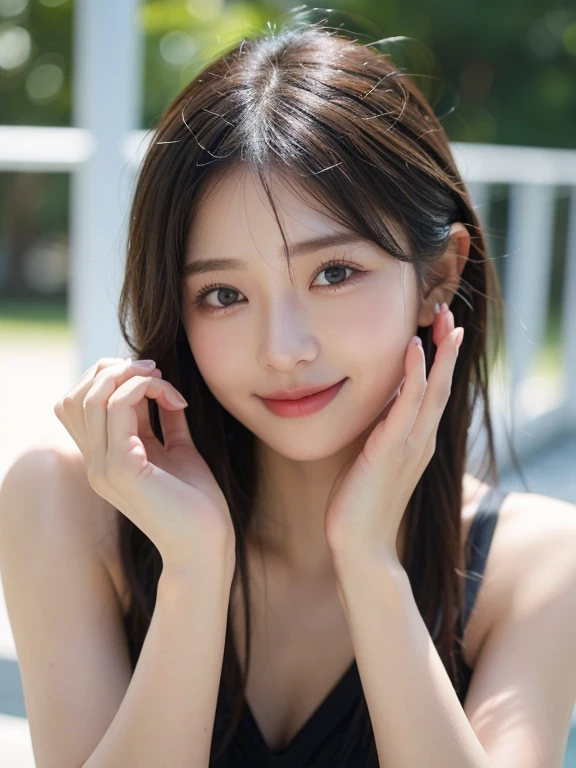 (masterpiece:1.3), (8k, Photorealistic, RAW Photos, Best image quality: 1.4), 20-year-old girl、(Random Hairstyles:1.2)、Super detailed face、Attention to detail、double eyelid、Sharp focus:1.2、Beautiful woman:1.4、Light brown hair、Highest quality、masterpiece、Ultra-high resolution、(Photorealistic:1.4)、Highly detailed and professional lighting、Natural Swimwear、thin、smile、Black long hair、Deadly position、Clear Skin、Random pose、Shiny Hair、Sculpture model pose、