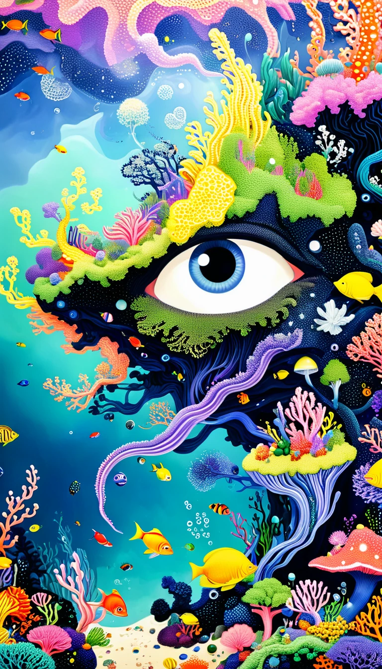 Broto art style，Strong visual fusion of multiple elements，来自Star的艺术家，Autistic artist，Colorful black，Dopamine color scheme，house、Eye、pearl珠帘、Plerogyra sinuosa、Soft coral、pearl、Star、cloud、Schools of colorful fish、Spore powder、Tentacles，Describing the inner world of autistic people，密集Pointillism method。Smooth lines。interesting，Strange illustration。Pointillism method。Strong contrast。Award-winning works。
