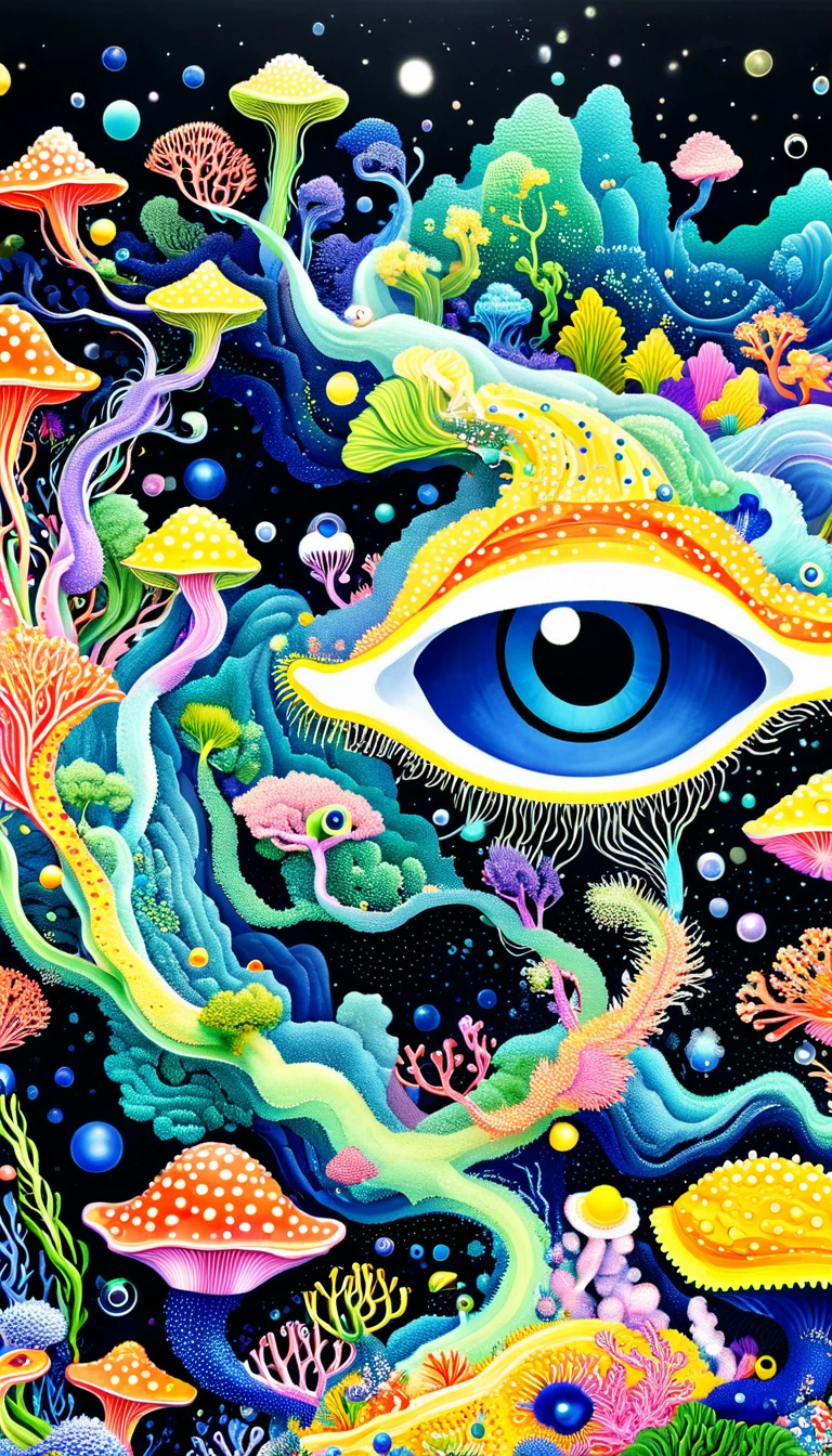 Broto art style，Strong visual fusion of multiple elements，来自Star的艺术家，Colorful black，Dopamine color scheme，house、Eye、pearl珠帘、Plerogyra sinuosa、Soft coral、pearl、Star、Colorful fish in deep sea、Spore powder、Tentacles，Describing the inner world of autistic people，密集Pointillism method。Smooth lines。interesting，Strange illustration。Pointillism method。Strong contrast。Award-winning works。