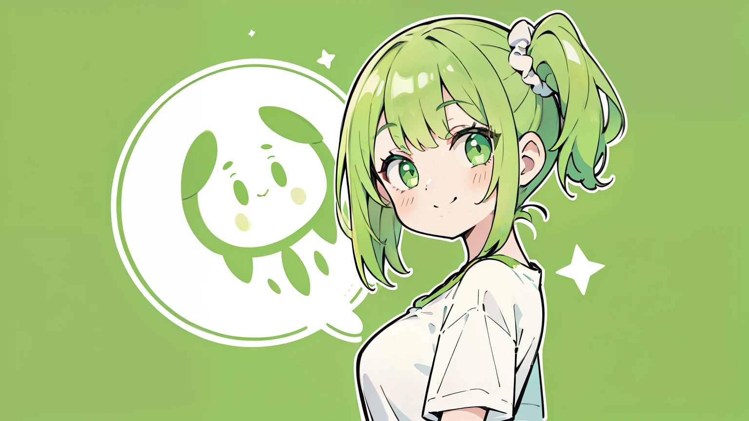 masterpiece, beautiful detailed, 1girl, (Oversized plain T-shirt), green Eyes, green hair, one side up, medium breasts, hair scrunchie, ((smile)), ((look back)), green theme, (((bold outline))), limited palette
