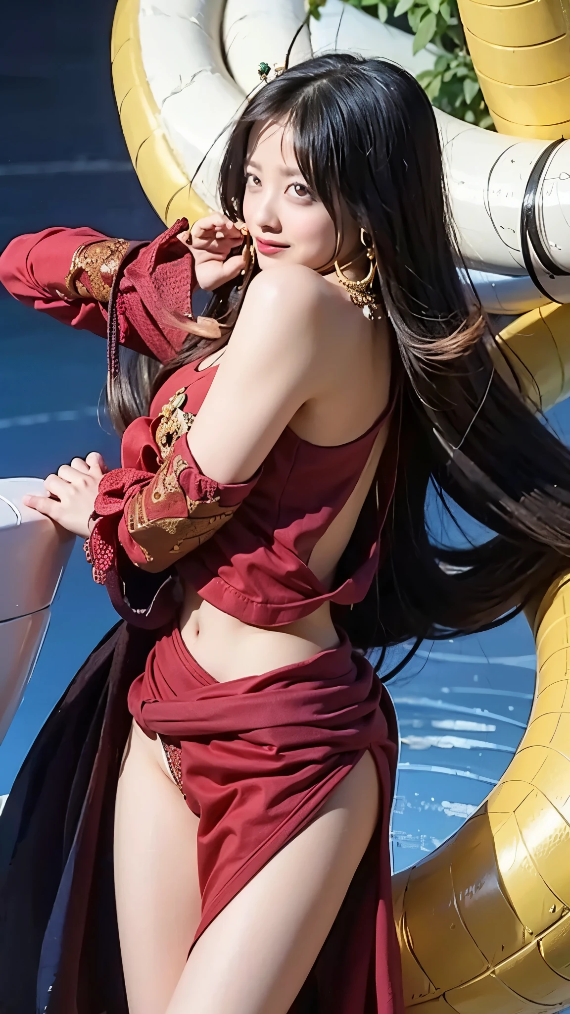 Moisturized skin, (Pink and bright eyes), (Looking down on people), Perfect body,
BREAK,
(Beautiful navel), (Side slit), (Epaulets), Cape, Crop top, Cloak,
BREAK,
(Super long hair), (Large gold and curved earrings: 1.2),
BREAK,
(((Masterpiece + Best quality + High resolution + Very detailed))), (Full body: 1.2), Symmetrical, One shot,
BREAK,
(On the ship: 1.3),
BREAK,
(ONE PIECE), (Hashimoto Kanna: 1.4), (Boa Hancock: 1.3), ((Large snake)),