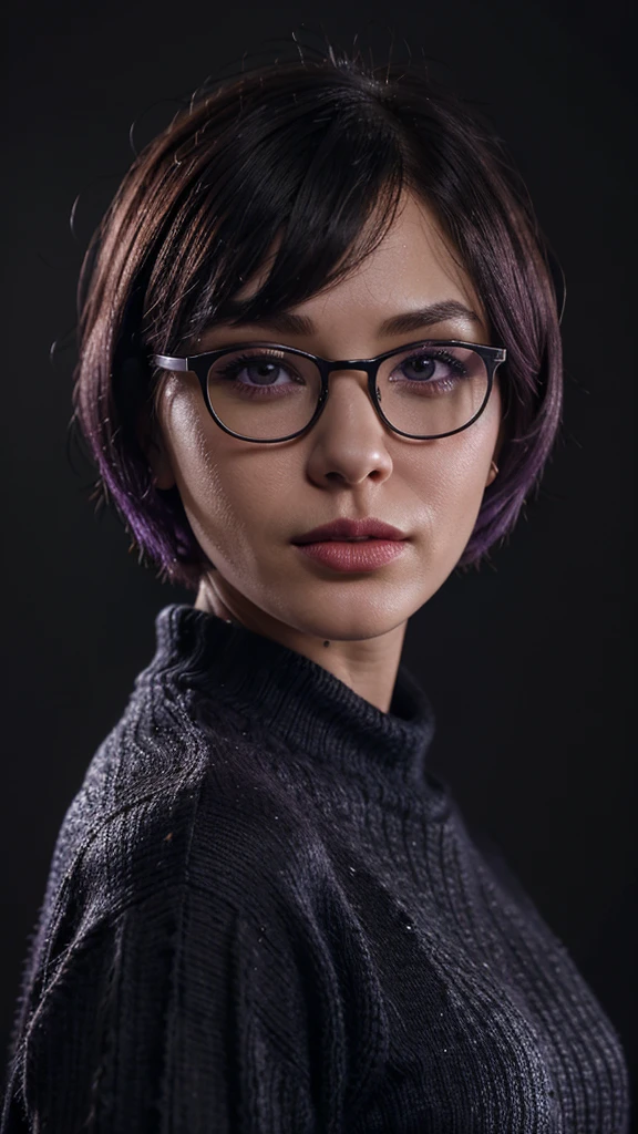 best quality kelly in free fire, cartoon_portrait, 1girl, solo, looking at viewer, short hair, simple background, purple hair, bob cut, purple eyes, closed mouth, glasses, sweater, lips, swept bangs, black background, red lips, 