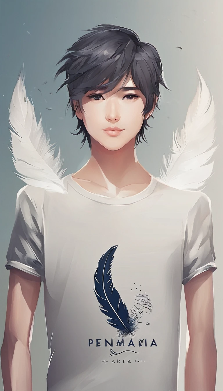 Create a minimal, modern, simple, inspirational, memorable, dream like logo design of a boy and a feather for the brand “Penamemoria".