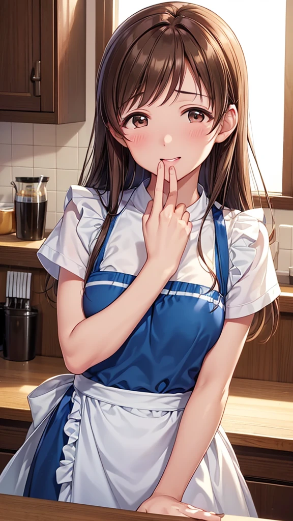 Highest quality、high resolution、High definition、HD、sports gym、(Nitta Minami、Long Hair、Medium chest、Brown Hair、Brown eyes、Glossy lips、Glowing Skin、Realistic skin texture、Apron appearance、kitchen)、Staring at me、Love me、blush、Laughing with your mouth open)、(Depiction of only the upper body、Very close to me)