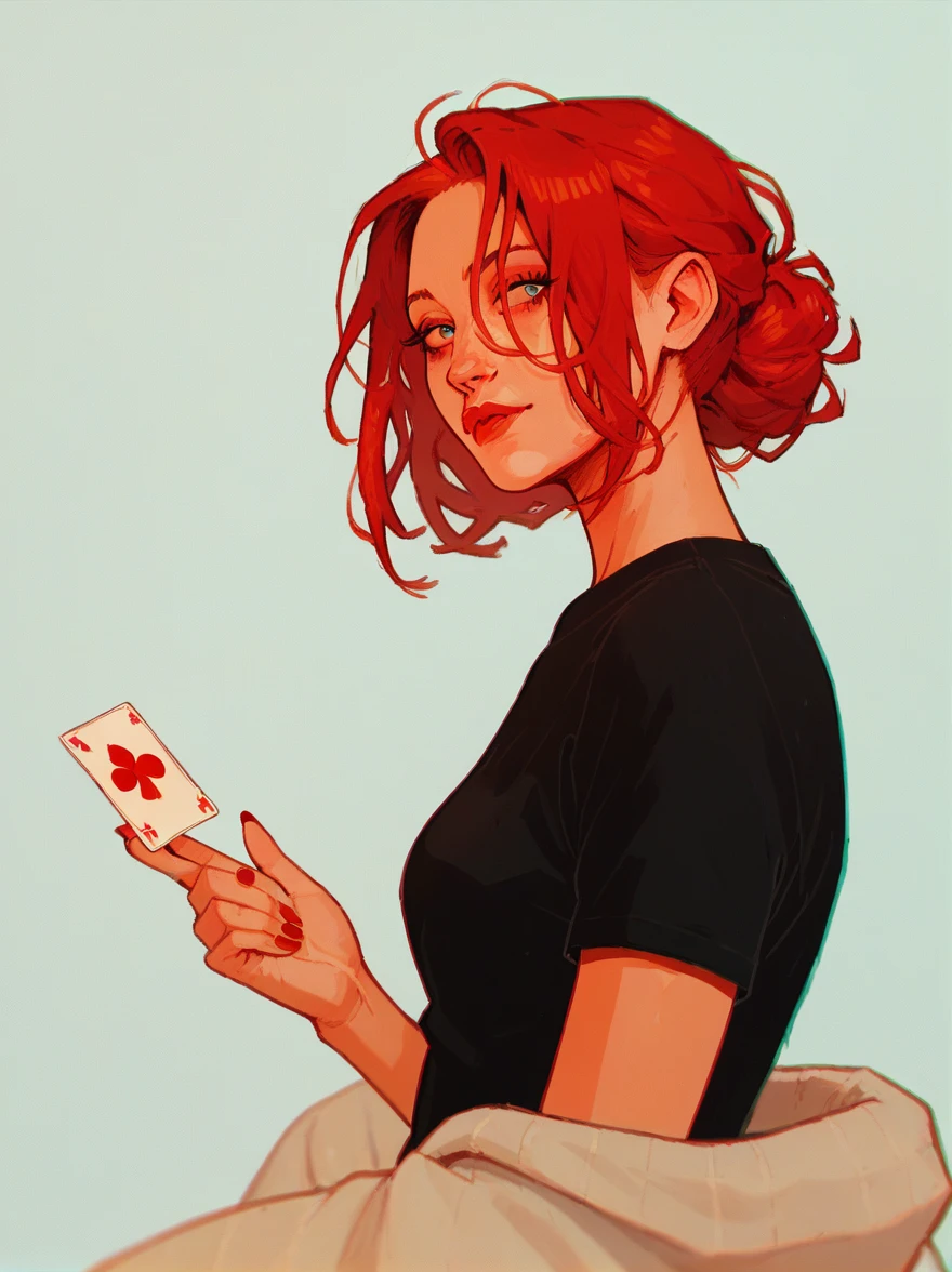 Portrait of a red-haired girl in a top, girl holding cards in her hand, combed hairstyle, black top, masterpiece, Best quality, high detail,