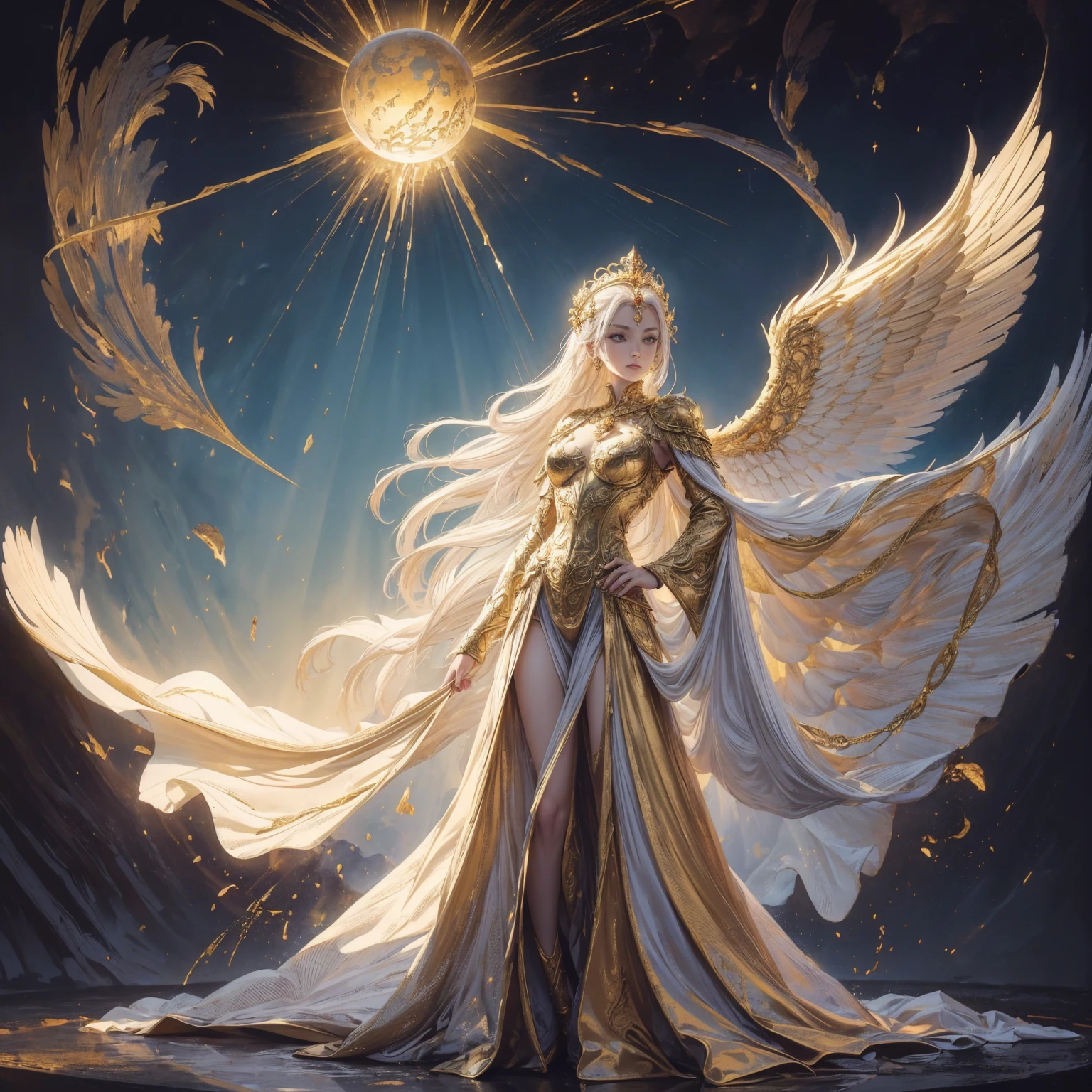 Art of a woman wearing a sun crown looking down on mortals, Wearing a gorgeous golden breastplate that exposes a small amount of skin above the chest, Wearing a gorgeous golden dress, A pair of giant angel wings taller than the body spread out behind the woman., ancient goddess art, Sacredness. Very detailed, Mysterious inspiration, Inspiration from the Sun God, Religious inspiration, A divine background, Cold and snobbish face, Dangerous expressions, White hair, Standing pose floating in the air, One hand snapped its fingers while the other held a brilliant sphere as bright as the sun., Full body portrait, Gothic art style, Weird art style, Occult art, Halation, forehead jewel, jitome, god rays, wide shot, from above