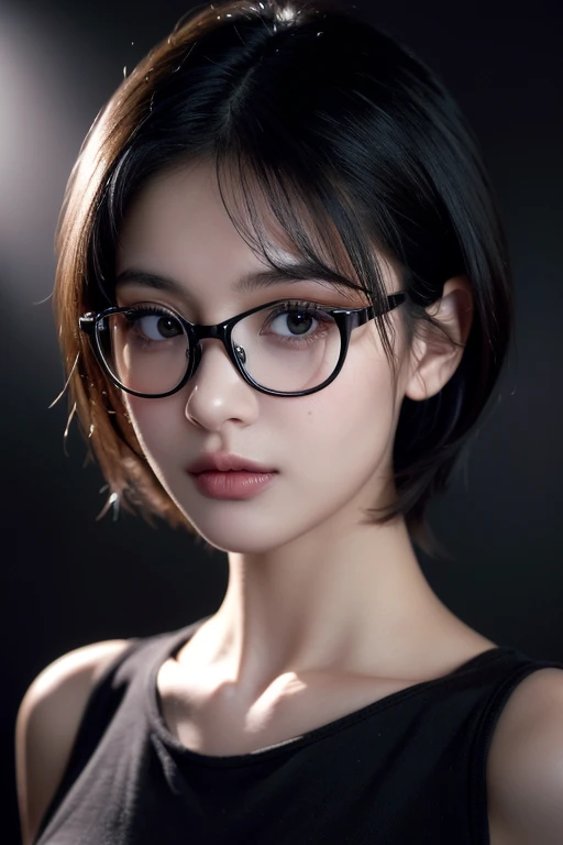 (RAW photo, best quality), (realistic, photo-realistic:1.2), 1girl, high quality, (high detailed skin:1.4), puffy eyes, glasses, gorgeous hair, (dark room:1.3), (rim lighting:1.3), (dimly lit:1.3), (dark night:1.3), indoors, portrait, black hair, dark background, short hair,