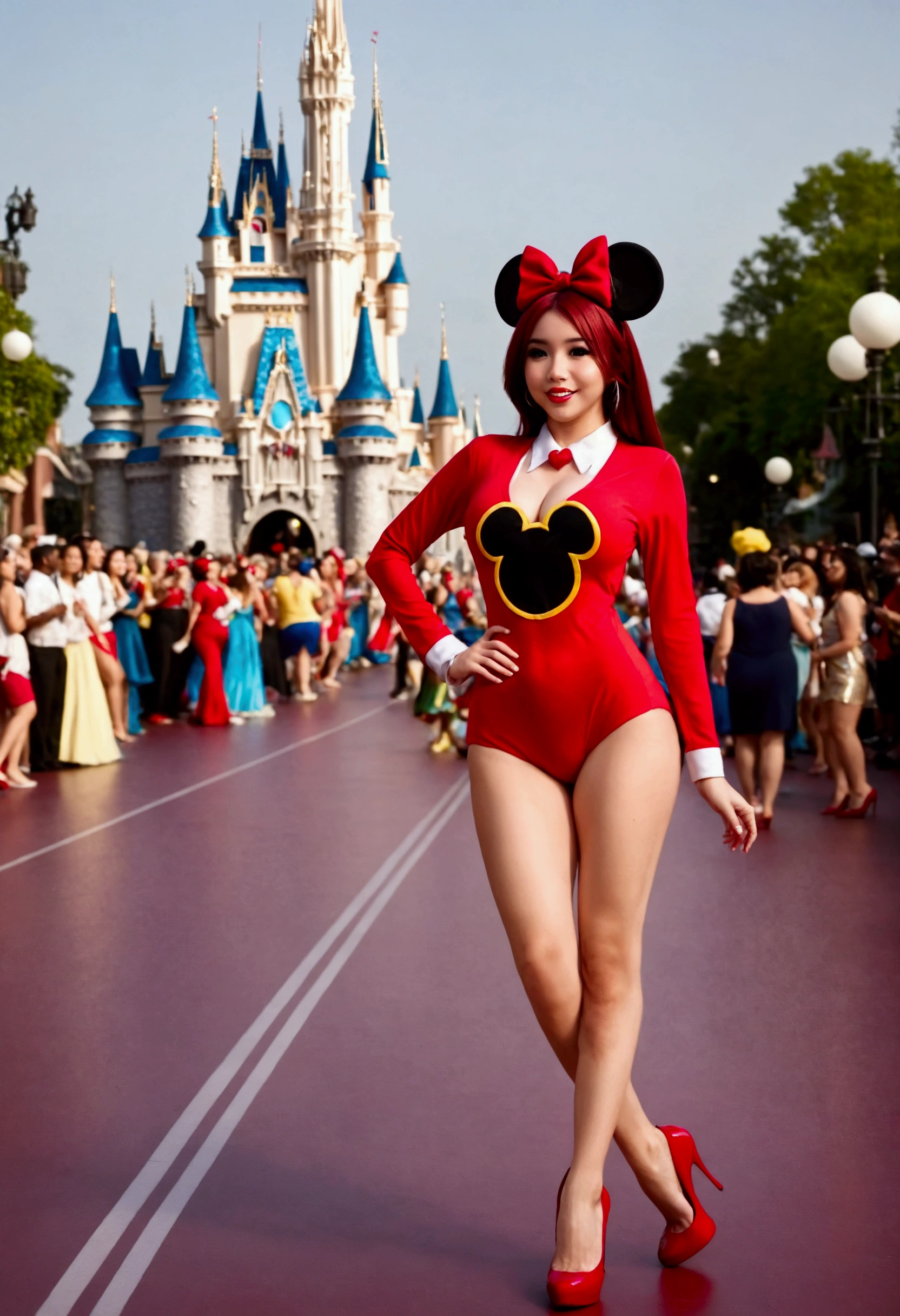 a cute woman, young woman, 25 years old, disney character themed outfit, sexy outfit, glamorous poses, fashion show, on the runway, in the spotlight, full body shot, detailed facial features, beautiful eyes, long eyelashes, detailed lips, high quality, 8k, photorealistic, masterpiece, vivid colors, studio lighting, concept art, fantasy, disney, digital painting
