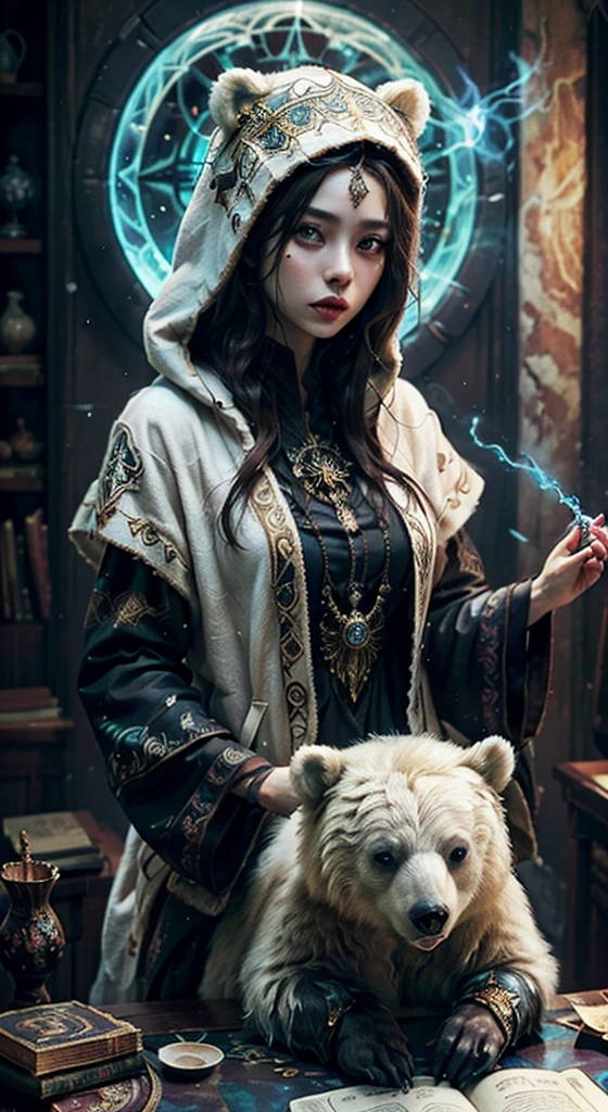 A glass castle sealed in a magical book,blood,evening, dark, (fantasy),unlimited,deep blue sky,The abyss of knowledge,hood,((Tabletop)), (((The best quality))),((beautiful fine eyes)),(lashes)、(((Beautiful girl riding a huge white bear)))、(1 girl in)、The perfect human structure、blowing in the wind、Long whitish hair、eyes of the abyss、glowing skin、accepted、Small 、Wizard's robes、Tattered cloth、Realistic shelter、Think、Super delicate CG Unity 32k wallpaper、tmasterpiece, ((Ultra - detailed)), ((illustration)),extremely colorful,The wallpaper,energy,Unknown terror,Amazing,around magic,magical environment,Wands,book,Flight page,Know it all,Predict the future、Learn about the past、Infinite wisdom、blue flame、Sorcerer、magical circles、pentacle、Spellantra、singing magic