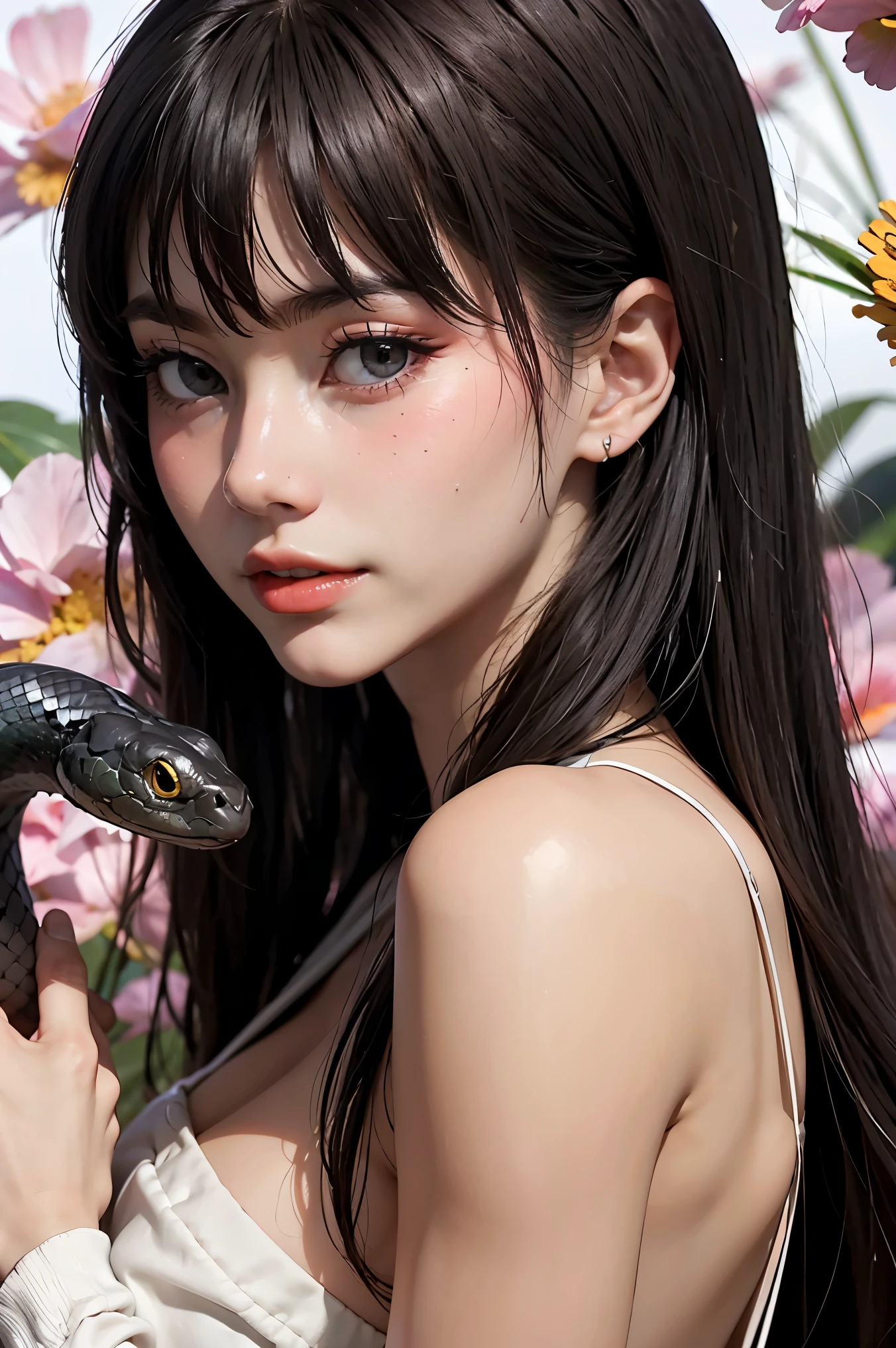 (Top image quality)，2023 Animation，Top animation quality，High-definition animation details，Detailed wallpaper，(masterpiece)，(medium view), solo，A woman is (lamia)，Pretty face，Fine black long hair，neat bangs，realistic face，close eyes，light smil，(Wearing only a loose bathrobe:1.2)，[big breast]，[Black snake tail，snake tail very smooth]，looking at viewer，Flowers background，(Lying in the embrace of the snake&#39;s tail:1.3)，(lots of fog:1.5)，(sexy feeling:1.3)