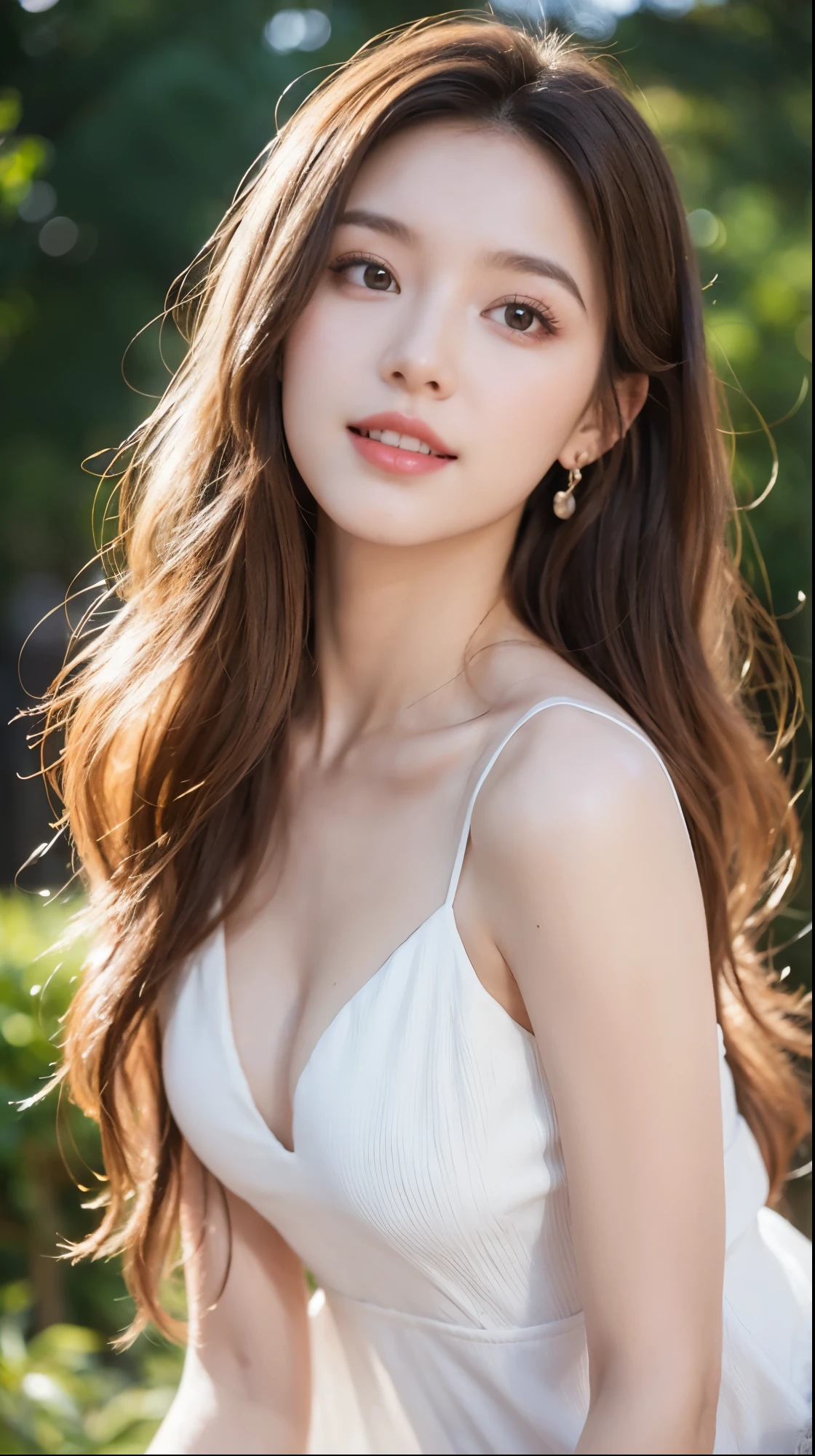 1girl, solo, long_hair, breasts, looking_at_viewer, smile, open_mouth, brown_hair, photoshop_(medium), dress, original, brown_eyes, cleavage, medium_breasts, bare_shoulders, jewelry, collarbone, upper_body, earrings, parted_lips, outdoors, day, sleeveless, teeth, white_dress, blurry, lips, bare_arms, makeup, sleeveless_dress, depth_of_field, wavy_hair, blurry_background, upper_teeth, lipstick, messy_hair, realistic, nose, spaghetti_strap, photo-referenced
