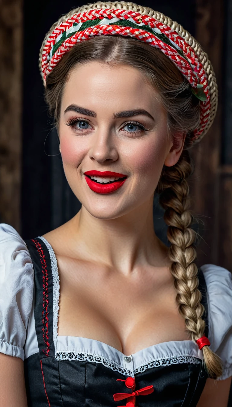 a young woman in a dirndl dress, french braid, bollenhut hat, winking with one eye, red lipstick, dramatic make up, full body shoot, dark background, Black Forest, tourist information poster, detailed face, detailed clothing, intricate details, (best quality,4k,8k,highres,masterpiece:1.2),ultra-detailed,(realistic,photorealistic,photo-realistic:1.37) HDR ,vivid colors,studio lighting,professional illustration