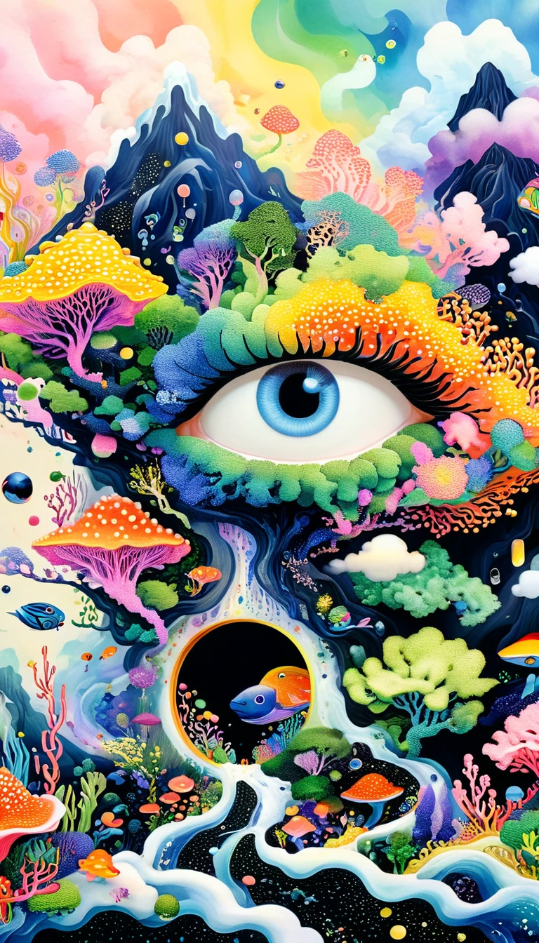 Broto art style，Strong visual fusion of multiple elements，来自Star的艺术家，Colorful black，Dopamine color scheme，house、Eye、pearl珠帘、Plerogyra sinuosa、Soft coral、pearl、Star、cloud、Schools of colorful fish、Spore powder、Tentacles，Describing the inner world of autistic people，密集Pointillism method。Smooth lines。interesting，Strange illustration。Pointillism method。Strong contrast。Award-winning works。