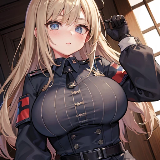 A girl who wears military clothes, brown heirs, gigantic breasts, anime cartoon, german third reich, long heirs,((highest quality)), ((masterpiece)),details, bleu eyes