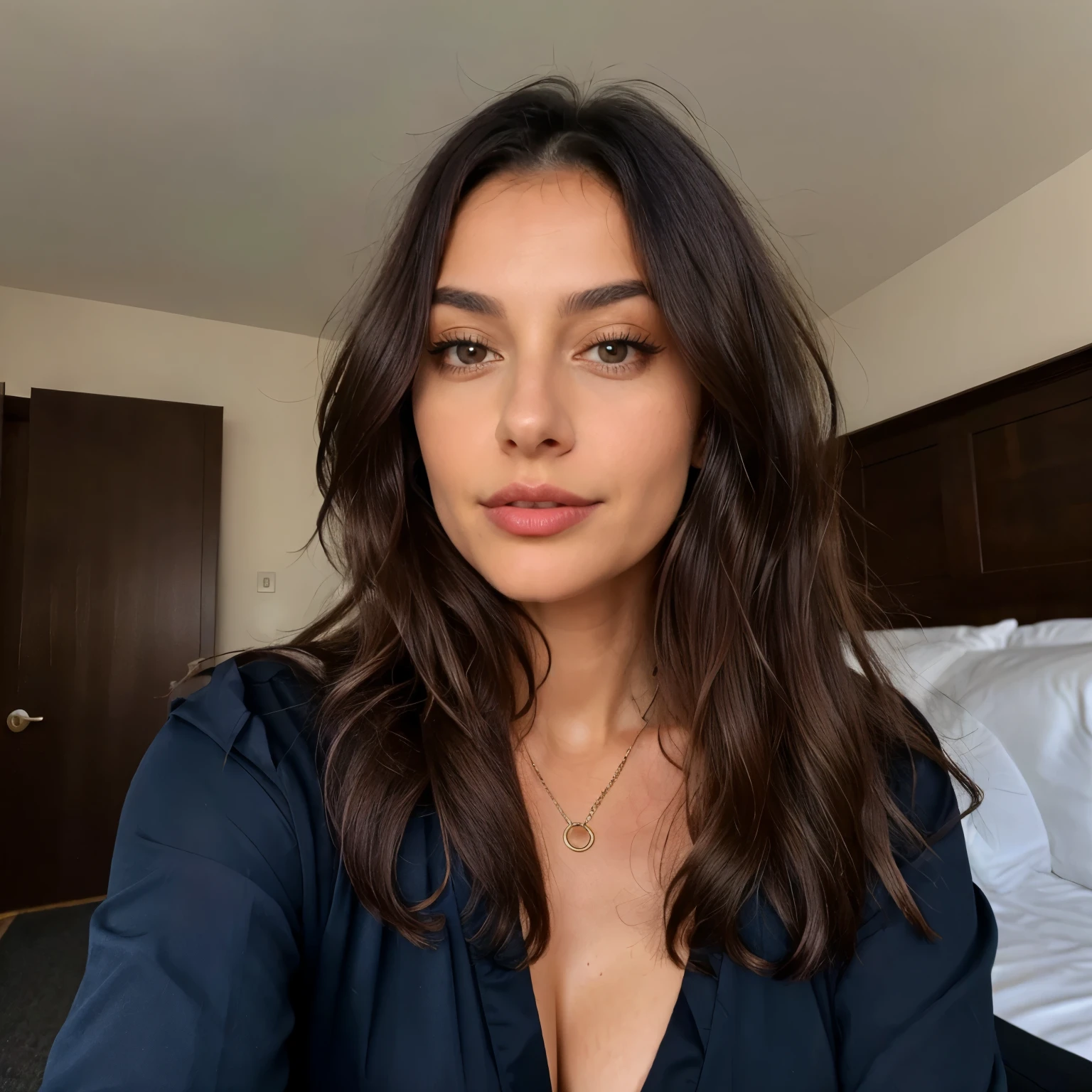 <lora:111010:0.8>, medium shot, realistic photo of a woman, dark hair, standing, simple background, (masterpiece:1.0), (best quality:1.0), unity 8k wallpaper, ultra detailed, flash photography