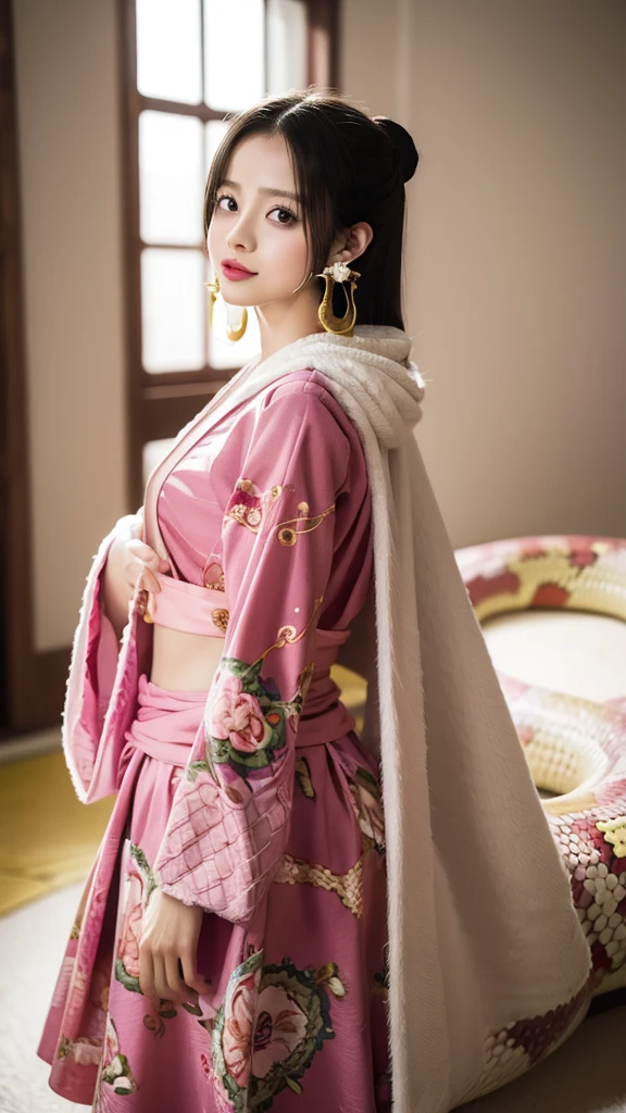 Moisturized skin, (Pink and bright eyes), (Looking down on people), Perfect body,
BREAK,
(Beautiful navel), (Side slit), (Epaulets), Cape, Crop top, Cloak,
BREAK,
(Super long hair), (Large gold and curved earrings: 1.2),
BREAK,
(((Masterpiece + Best quality + High resolution + Very detailed))), (Full body: 1.2), Symmetrical, One shot,
BREAK,
(On the ship: 1.3),
BREAK,
(ONE PIECE), (Hashimoto Kanna: 1.4), (Boa Hancock: 1.3), ((Large snake)),
