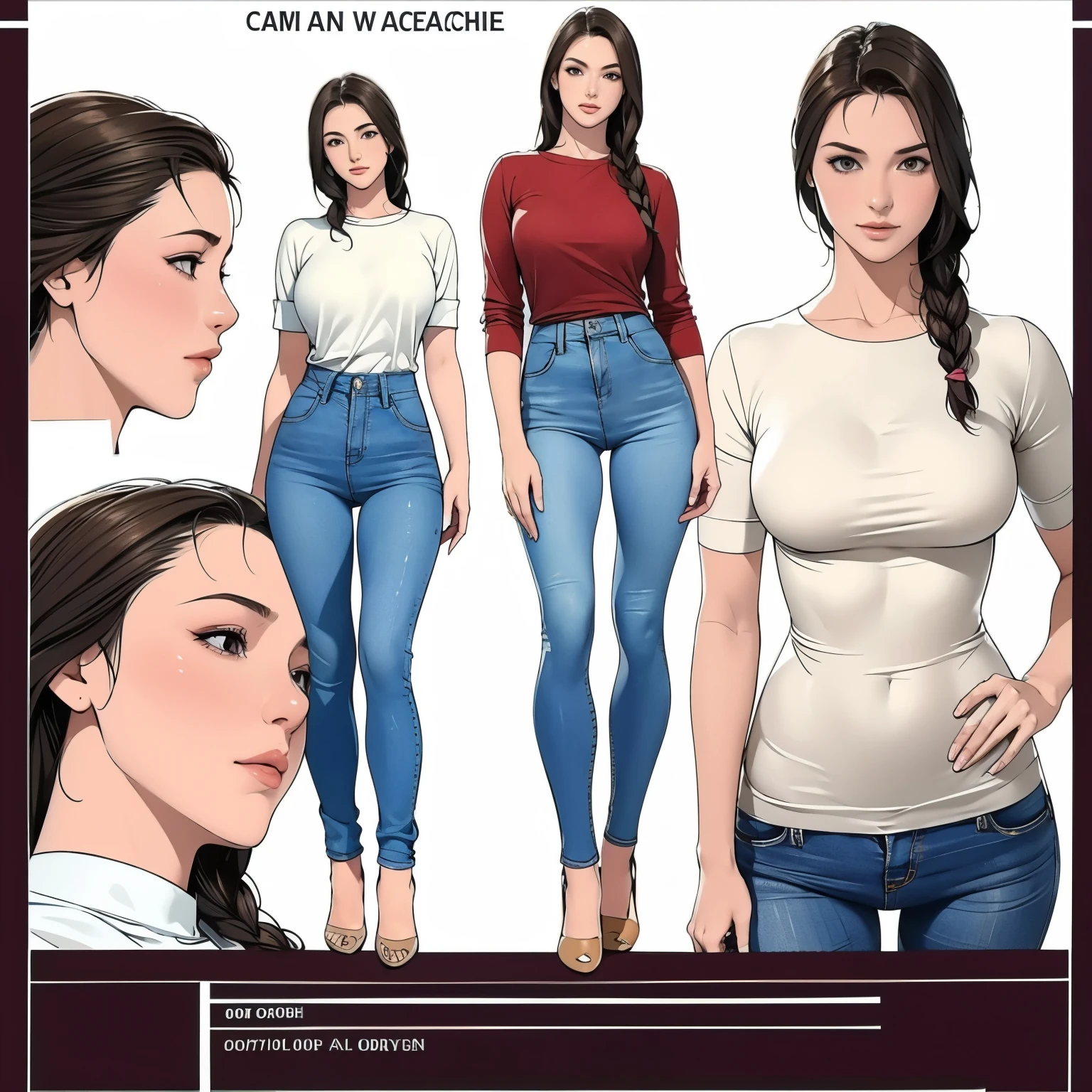 Detailed character sheet, Front view, Side view, Oblique view, with a white returnground, show women, 30 years old, with short dark brown hair combed return, Light casual clothing, Wear tight denim jeans. The seat includes different angles, Front desk etc.., return, and Side views, Model and Reference Sheets, Full body painting. The ratio is based on 7.5 Head Scale.