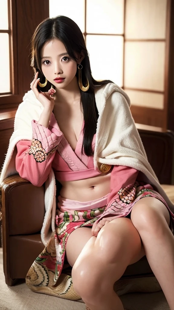 Moisturized skin, (Pink and bright eyes), (Looking down on people), Perfect body,
BREAK,
(Beautiful navel), (Side slit), (Epaulets), Cape, Crop top, Cloak,
BREAK,
(Super long hair), (Large gold and curved earrings: 1.2),
BREAK,
(((Masterpiece + Best quality + High resolution + Very detailed))), (Full body: 1.2), Symmetrical, One shot,
BREAK,
(On the ship: 1.3),
BREAK,
(ONE PIECE), (Hashimoto Kanna: 1.4), (Boa Hancock: 1.3), ((Large snake)),