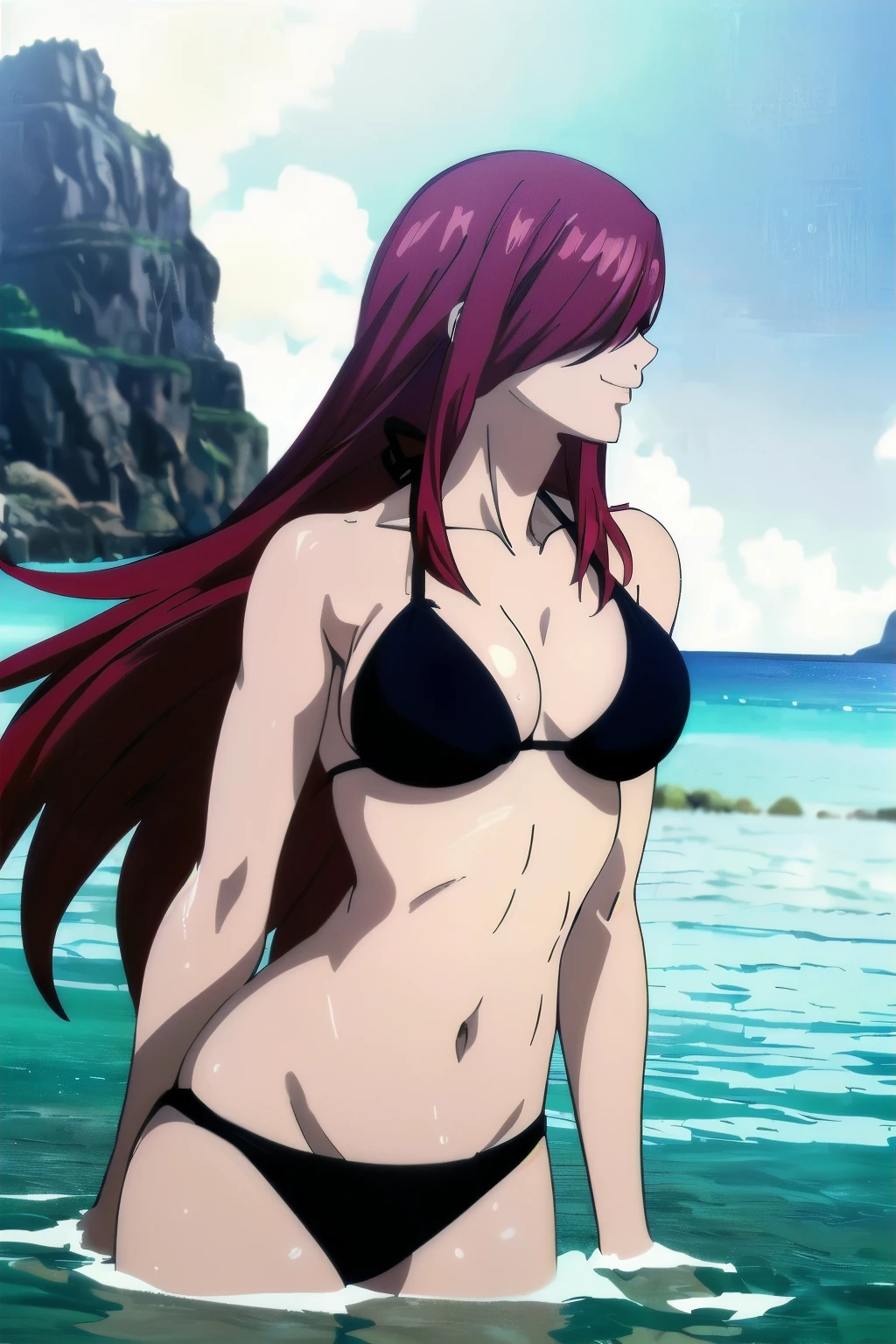 (black bikini only:1.6), groin, (vibrance:1.3), (beach during day time:1.4), (upper body:1.4)windy, ultra detailed face, perfect anatomy, (cowboy shot:1.6), from front, standing, ultra detailed body and face, ((one eye covered with hair, hair over eye)), (thick arms:1.6), perfect body proportions, (legs submerged in water:1.3), highest quality, 1girl, solo, (very little biceps) , smile, ERZASCARLET, BARE SHOULDERS, (big round :1.2) cleavaghoulder, tall girl, (long hair:1.7), (free flowing hair:1.4), (floating hair:1.3), ultra detailed red hair, open mouth, big eyes, long belly, wide shoulders, beach, For the image quality, please prioritize (best quality, highres, masterpiece:1.8), itional prefixes