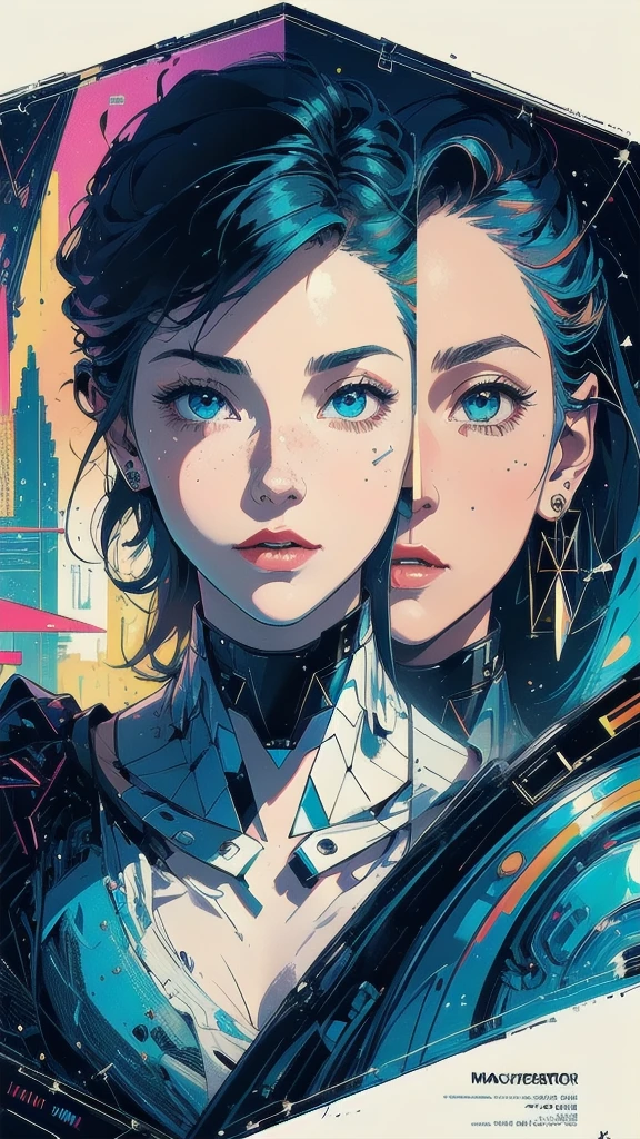 (((masterpiece, highest quality))),(((solo:1.2))),(((1girl:1.2))),32k wallpaper, very detailed, poster, vintage science fiction,(((((geometric cinematic movie poster))))), ((bauhaus)),(shape),(((abstract))),(mid century modern),movie poster,(((((portfolio))))),(((((Close-up))))),(((((bust up))))),((((more various angle)))),(((highlight))),Vast landscape,((((heterochromia)))),(((complete. detailed face))),(((Extremely talented))),(((most complecated machine))),(Colorful color scheme),(reflection light leak)