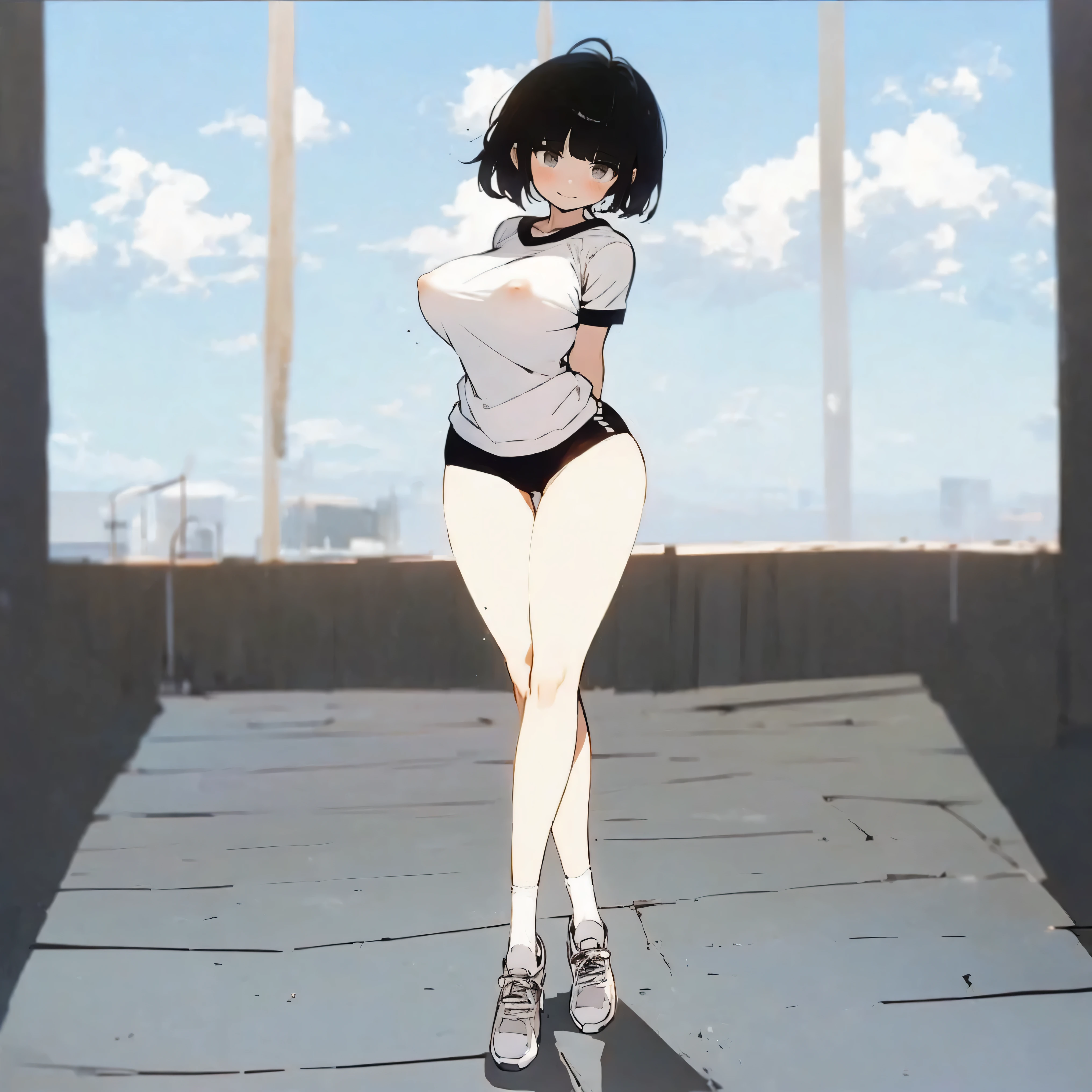 (solo), skinny girl standing in primary school, arms behind back, (very short tight brm), (thigh gap:1.2), (gym uniform), (swaying back), (show off cameltoe for viewer), (bursting huge breasts:1.2), (disproportionately huge breasts), BREAK, long (skinny legs), BREAK, school buildings in background, BREAK, nsfw, orgasm, (pussy juice), expressionless, coverd erectile nipples