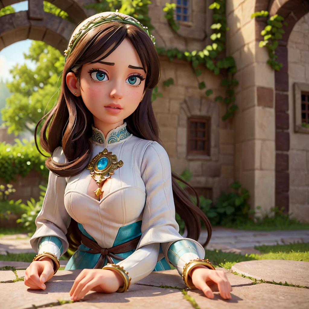 1girl, detailed facial features, beautiful detailed eyes, beautiful detailed lips, extremely detailed face, long eyelashes, medieval fantasy princess, elegant medieval dress, graceful pose, castle courtyard, cobblestone path, ornate stone archway, lush greenery, warm sunlight, atmospheric lighting, vibrant colors, cinematic composition, (best quality,4k,8k,highres,masterpiece:1.2),ultra-detailed,(realistic,photorealistic,photo-realistic:1.37),intricate details,fantasy art,digital painting