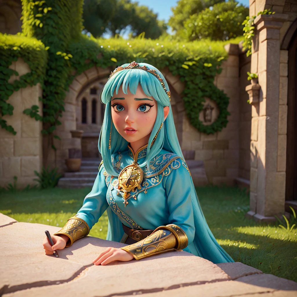 1girl, detailed facial features, beautiful detailed eyes, beautiful detailed lips, extremely detailed face, long eyelashes, medieval fantasy princess, elegant medieval dress, graceful pose, castle courtyard, cobblestone path, ornate stone archway, lush greenery, warm sunlight, atmospheric lighting, vibrant colors, cinematic composition, (best quality,4k,8k,highres,masterpiece:1.2),ultra-detailed,(realistic,photorealistic,photo-realistic:1.37),intricate details,fantasy art,digital painting