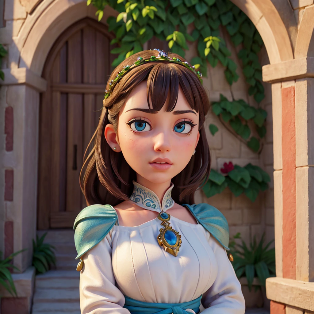 1girl, detailed facial features, beautiful detailed eyes, beautiful detailed lips, extremely detailed face, long eyelashes, medieval fantasy princess, elegant medieval dress, graceful pose, castle courtyard, cobblestone path, ornate stone archway, lush greenery, warm sunlight, atmospheric lighting, vibrant colors, cinematic composition, (best quality,4k,8k,highres,masterpiece:1.2),ultra-detailed,(realistic,photorealistic,photo-realistic:1.37),intricate details,fantasy art,digital painting