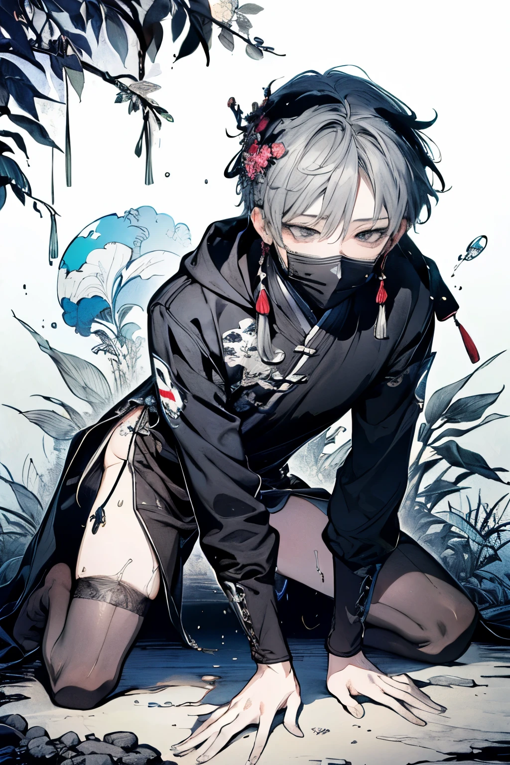 Beautiful young man, darkblue-haired, ((Gray eyes)),(short wave hair:1.2), (Black mask:1.2), White hoodie,clear wear,High quality, amount of drawing, pixiv illustration,(animal sticker:1.2),((SEX,チンポ,NSFW:1.4)),((spread legs:1.1)),((crawl on all fours:1.3)),(うつ伏せ:1.25),((尻を高く上げる:1.15)).