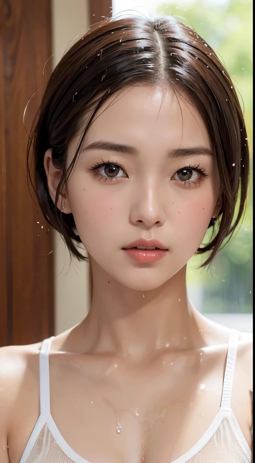 20 year old Japanese girl、short hair、(Highest quality、4K、masterpiece:1.3)、Beautiful woman、1 girl、sexy:1.1、Dark Brown Hair:1.1、(Wet body:1.2)、A thin, see-through white tank top、Ultra detailed face、Detailed lips、Detailed eyes、double eyelid