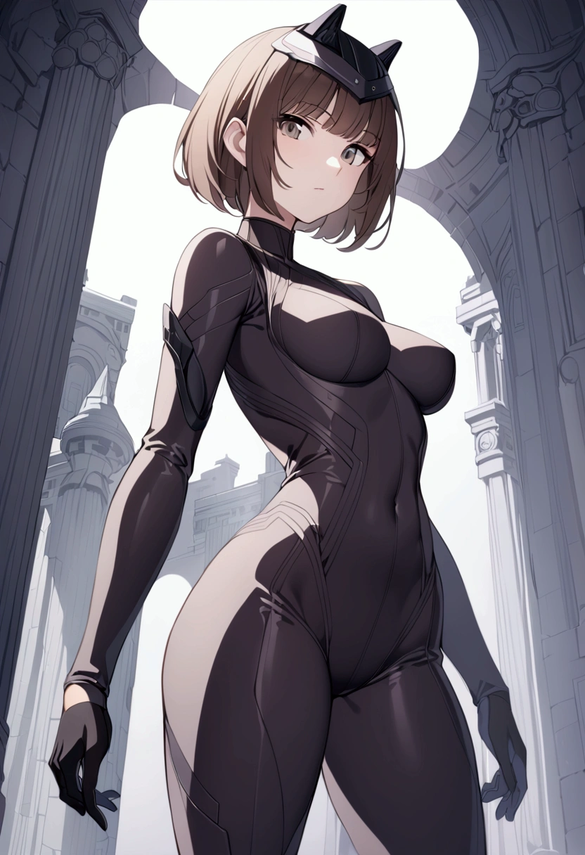 slender, mature female,solo, 1girl, bodysuit, standing, helmet, breasts, brown_hair, short_hair, black_eyes, grey_eyes, looking_at_viewer, bangs, gloves, brown_eyes, black_hair, medium_breasts