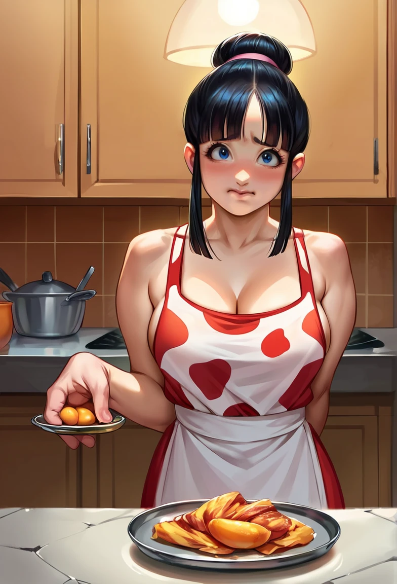 score_9, score_8_up, source_realistic, Realistic photo, photo, real, Realistic, score_9, score_8_up, score_7_up, source_anime, score_9, score_9, score_8_up, score_7_up, source_anime, 1girl, solo, boob window, cow pattern crop top, no bra, big tits, standing, holding a tray of burned food, gown, cooking, kitchen, chichi, dragon ball, front view, looking at viewer, embarrassed, shy, tray on table, arms behind back, blue Eyes