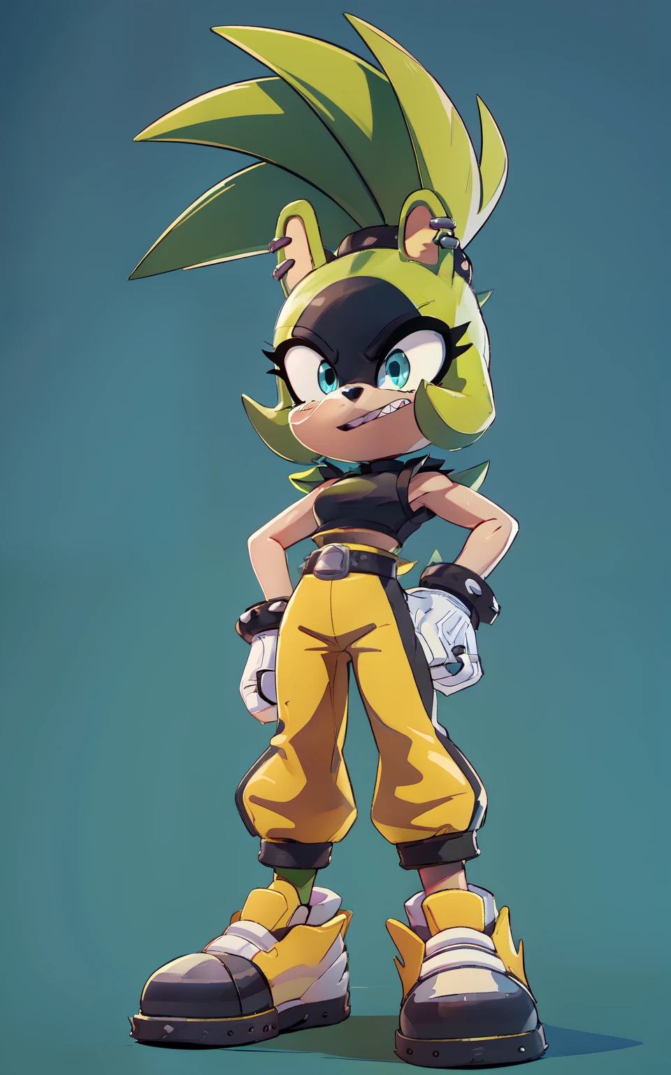 8k,4k,((Best quality, masterpiece, ultra high resolution)),((full body)), by pixelsketcher, SurgeV2,blue eyes, furry,furry female, sharp teeth, animal nose, green hair, ponytail, animal ears, green skin,  spiked hair,gloves,white gloves,crop top, black crop top,sweatpants, yellow sweatpants,earrings, piercing, yellow footwear, belt, ear piercing, rings,((white background)),standing, hands on hip, street, clear sky,