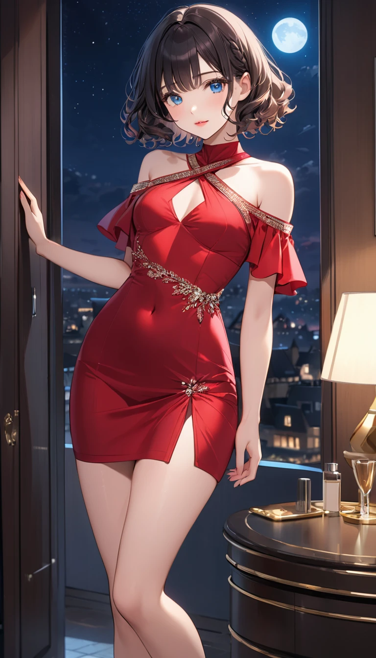 Beautiful 13y old girl with short curly black hair with blue eyes wearing Tight and Short Dress, Sexy Criss Cross Mock Neck Short Sleeves Red Dress, luxurious jewelry and luxurious necklace, high heel shoes, standing in her bedroom at night, (caucasian skin), (light brown lipstick), (elegant mascara), (slim body), (small breasts), (wide hips), midjourney, <lora:GoodHands-, <lora:GoodLegs-, UHD, high resolution, (masterpiece:1.9, best quality), (expressive eyes, perfect face, full body, expressive face, perfect body, perfect pussy, athletic, fit, slim body, blushing, Perfect makeup, eyeliner, beautiful eyelashes, smiling, horny face), ((best illumination, best shadows)), ((sexy pose))