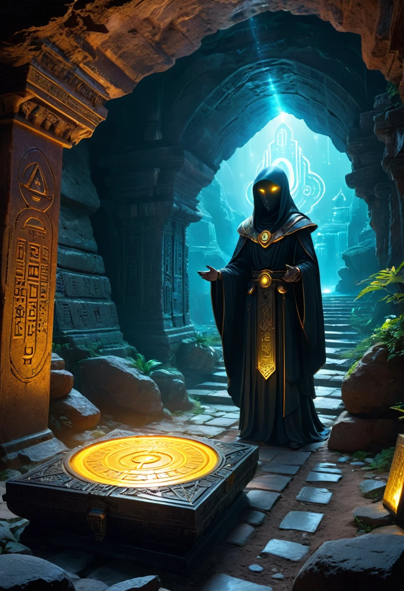 Fantasy underground cave,Alien civilization ruins,Mysterious tomb,metal coffin,treasures,Glowing gold coins,Terracotta figurines,cultural relic,antiquarian,alien text totem,Ultra-futuristic technology,诡异的Magik力量,unknown cosmic energy,Cybernetic eyes, Scan grid, epic, large, octaneratingrendering, enhancing, iintricate, ((dark)),epic,8k,fanciful,ultra - detailed,Magik, Cast spells,black hole,threatening,absurd res,abyssal,Magik Circle,Excess energy,sci-fy,Abyssaltech,dark energy,Ethereal,desolving,ssee-through,Abyss,Anti-tech,sci-fy,Pure energy,(tmasterpiece, Representative Works, offcial art, professional, Unity8k wallpapers:1.3)