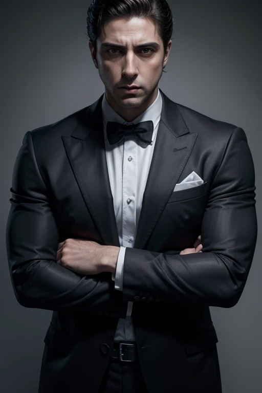 Very muscular man 30 years old in dark suit, barba, Michael Corleone, mafia, high, angry, sexy