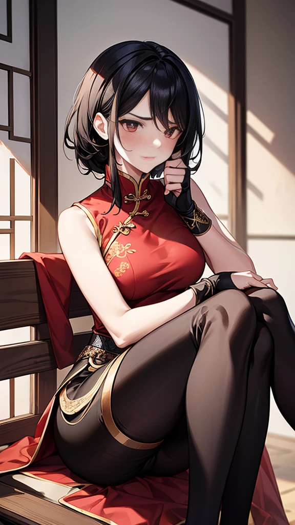 {{masterpiece}}, {{{Highest quality}}},{{Very detailed}},{Gym waiting roomの椅子に深刻な表情で座っている成熟した女性},A sleeveless red cheongsam with a slit,Sit on a chair.,cowboy shot,Focus on legs,{{one eye closed:1.4}}, anger{{Grit your teeth}},Sit with your back to the hunchback.{{blush}},{{V-shaped eyebrows}},{{Female Fighter}},Small breasts,{{Slender body}},{{Adult woman sweating with fatigue}},get annoyed,pain,A sleeveless red cheongsam with a slit Long black hair Black knee socks Black leather arm covers Fingerless gloves short boots Place your hands on your knees Black waist belt Red pelvic curtain Gym waiting room
