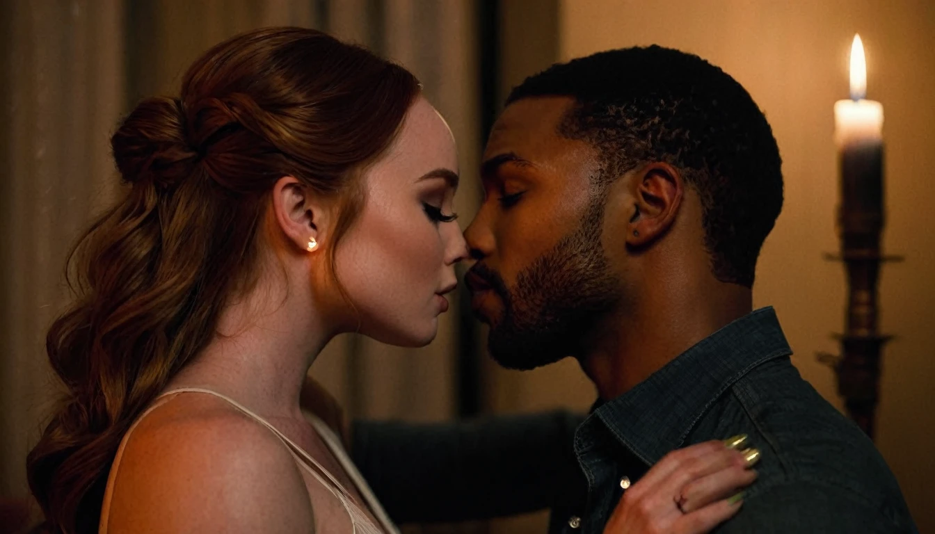 Camryn Grimes and a handsome African American male whose facial features are a combo of Charles Michael Davis + Nathan Mitchell + Isaiah Mustafa share a steamy kiss inside a bedroom lit only by candlelight. Camryn has lovely makeup on her face. Nighttime. Romantic ambiance. Symmetrical eyes. Symmetrical faces. Lovely details. Photorealistic. Full-colored photo. Professional photo. Highly detailed 8K.