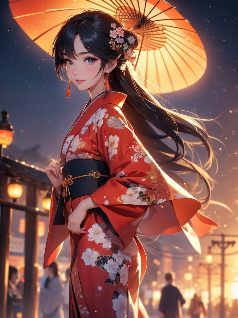 (((top quality, 8k, masterpiece))), crisp focus, (beautiful woman with perfect figure), slender, (hairstyle: up)), ((kimono: Kara)), street: 1.2 Highly detailed face and skin texture Detailed eyes Double eyelids random posture, (smile),super cute Japan person,super beauty Japanese girl, realistic face, double eyelid,smile,summer festival , at sunset ,fire-works back-ground.