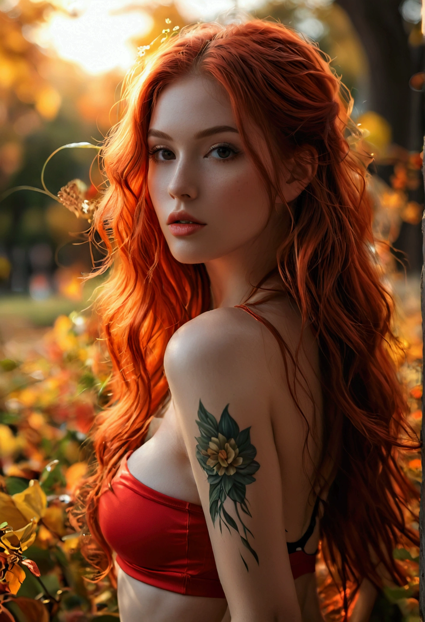 ultra realistic, photography, long red hair, girl, 24 years old, hourglass figure, perfect body, long legs, Flirty look, extremely detailed artgerm, in the style artgerm, small natural breasts, facing the camera, Nikon z fx, lens 35 mm, blur background, wearing a red lowcut top, wearing black tight yogapants, outside in a park, full body shot, full body