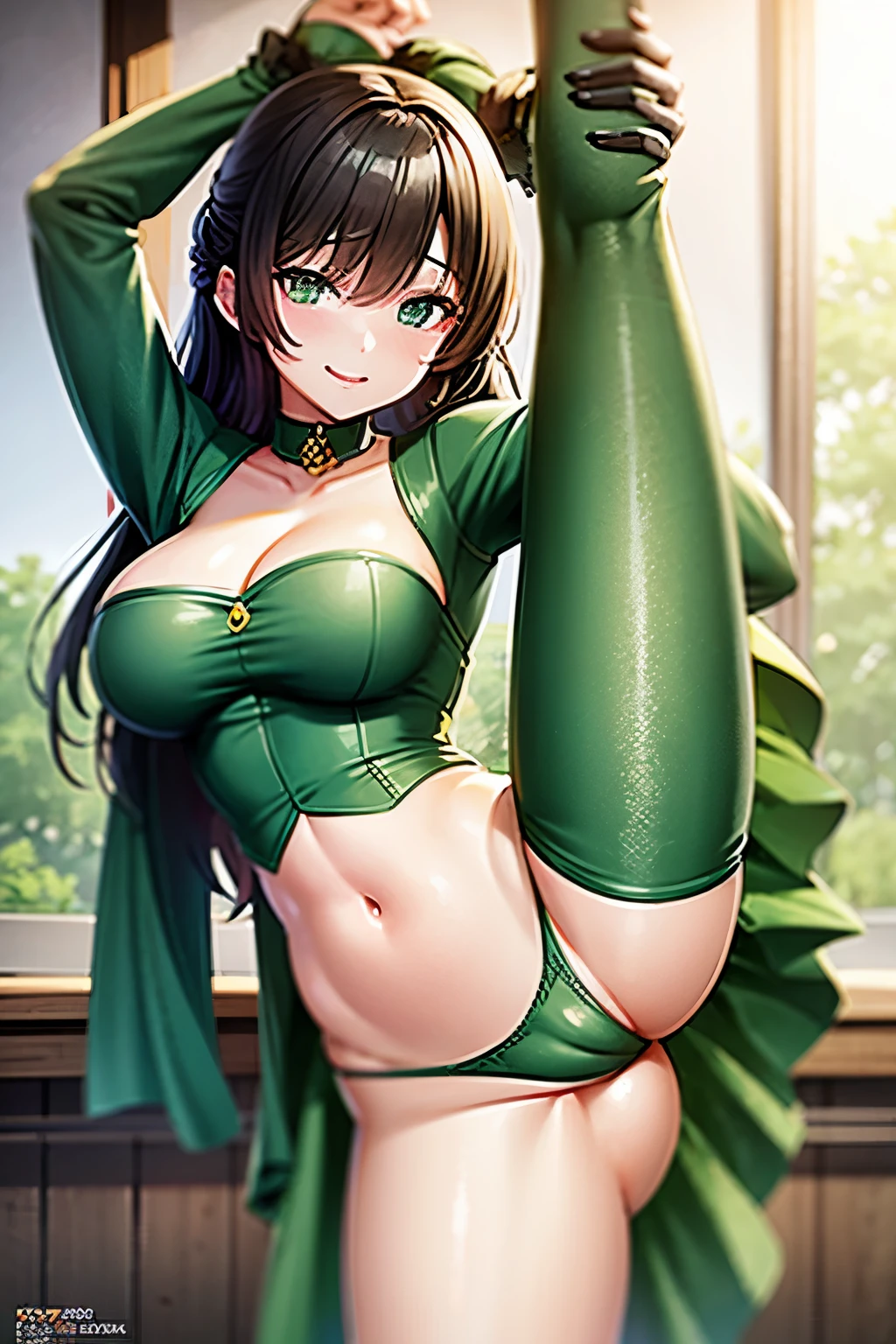 a woman in a green uniform ,(standing split:1.5), holding right thighs,oppai, seductive anime girl, ecchi anime style, ecchi, rin, splash art anime , marin kitagawa fanart, sophisticated gravure idol, biomechanical oppai, anime visual of a cute girl, “ anime, beautiful alluring anime , ecchi style, smooth anime cg art