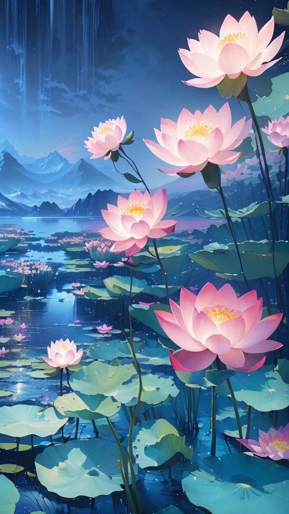 There are many pink flowers in the water,A mountain in the background, Beautiful digital painting, lotus on the water, Beautiful art UHD 4K, Digital painting highly detailed, Highly detailed digital painting, Ross Chen. Landscape background, lotus, Detailed painting 4k, Gorgeous numbers, lotus池, Beautiful digital artwork, Anime beautiful peaceful scene