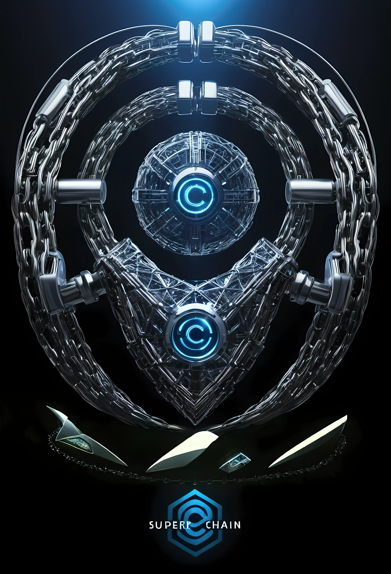 a close up of a futuristic object with a blue light, official artwork, supercomputer, promo art, supervillain, key art, promotional art, official art, official fanart, supercar, blockchain, official poster artwork, chain, superhero, large chain, promotional artwork, album art, promotional poster art, super rich, super cool!!!, inspired by Mike Winkelmann