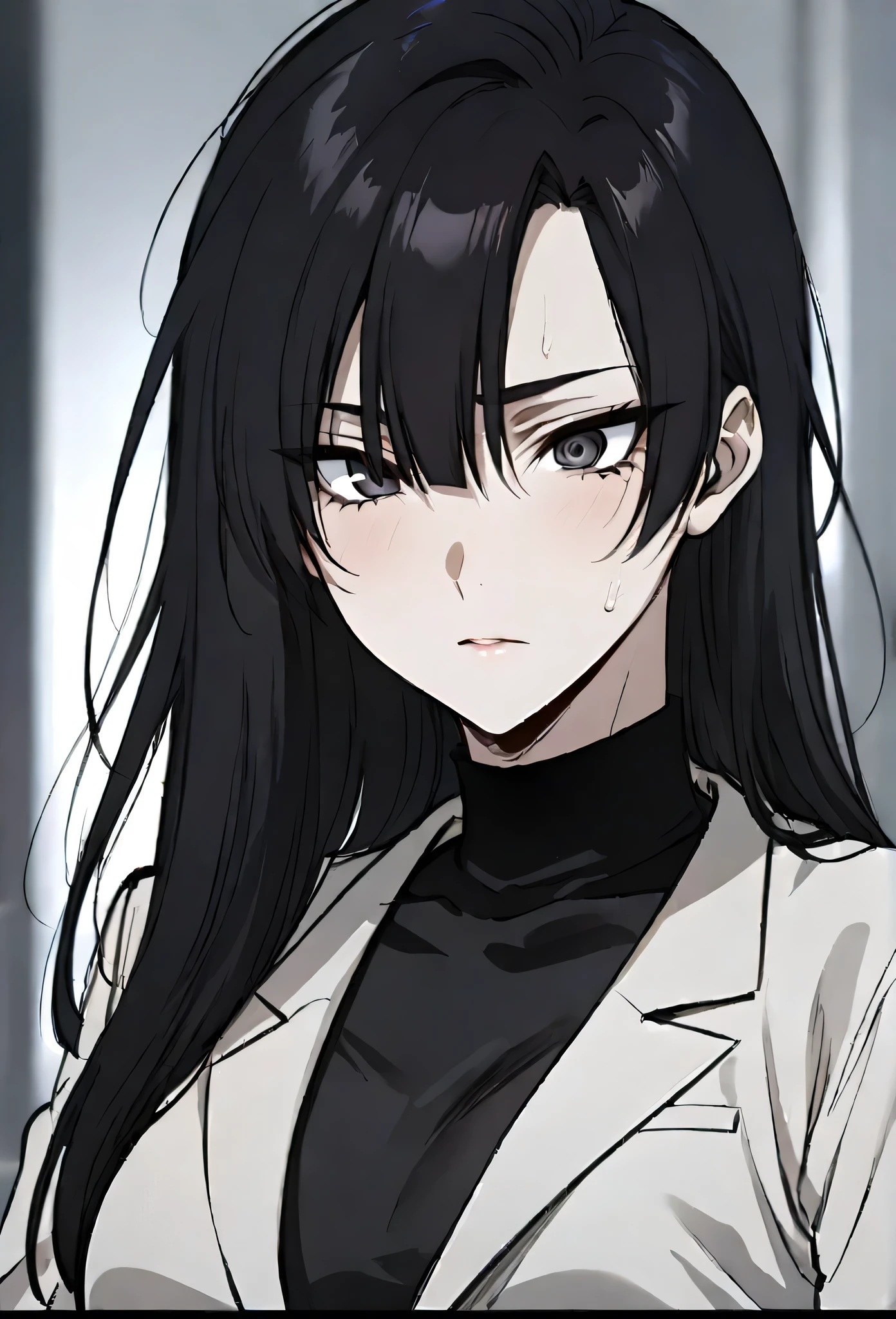 (masterpiece high quality, modern clothes) face focuss 3x4 Arcane, caitlyn, black hair, 1girl, long hair, bangs, black attire, normal , messy hair, white top suit, black clothes, anime style character, highly detailed exquisite fanart, realistc anime, black eyes
