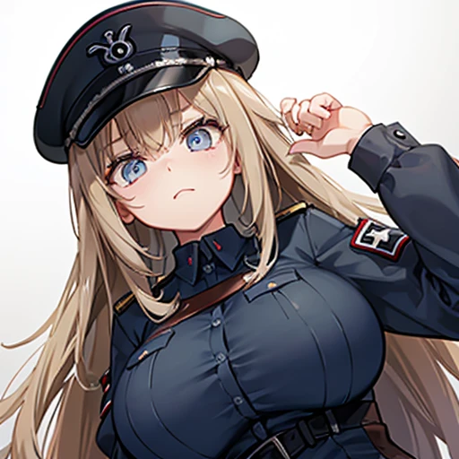 A girl who wears military clothes, brown heirs, gigantic breasts, anime cartoon, german third reich, long heirs,((highest quality)), ((masterpiece)),details, bleu eyes
