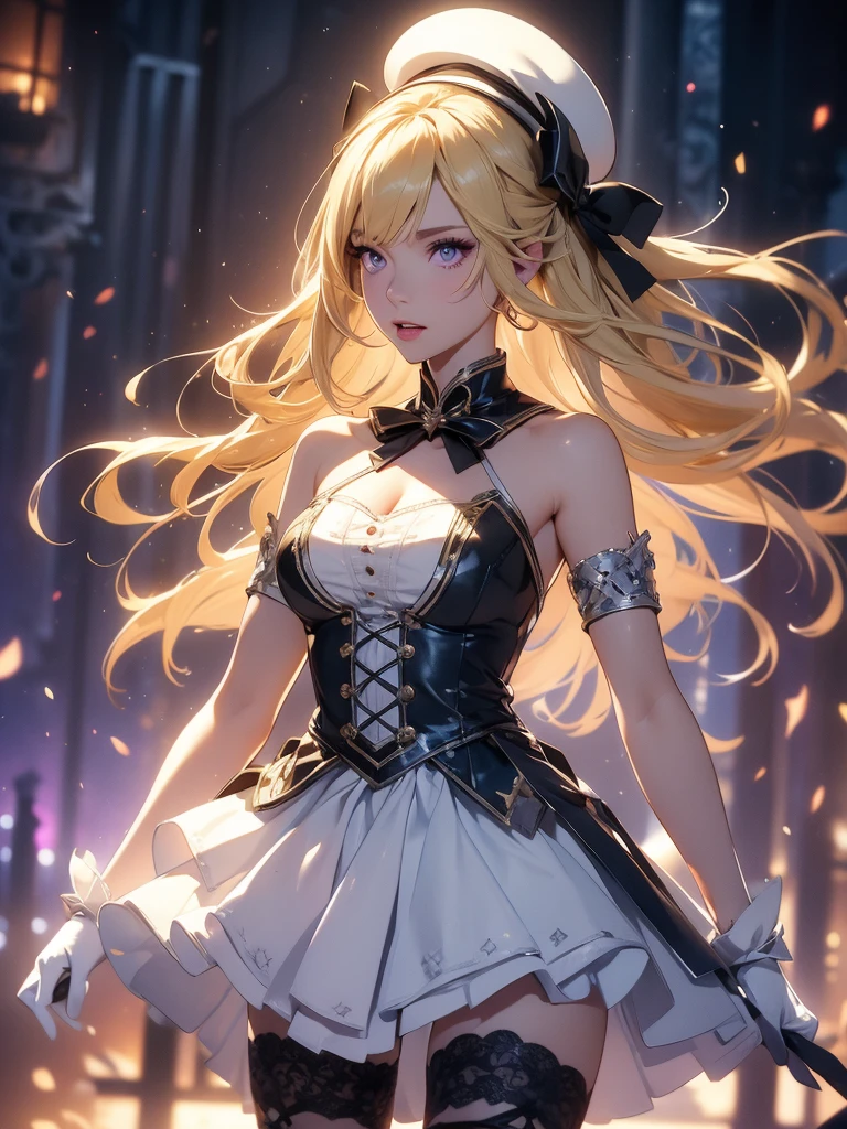 z23,, textured skin, 8k, beautiful detailed eyes, cinematic lighting, beautiful detailed face, ultra-detailed, world masterpiece theater, cinematic lighting,, 1girl, solo, blonde hair, purple eyes, hair bow, white shirt, beret, bare shoulders, gloves, iron cross, bike shorts, :d, armband, white gloves, cowboy shot,