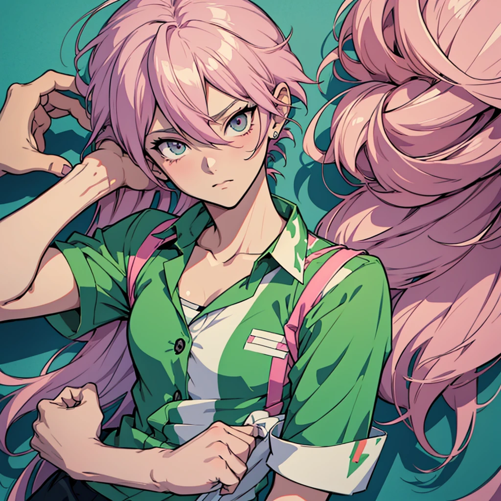 a drawing of a girl with a pink hair and a green shirt, 2 d anime style, 2 d style, unknown artstyle, coloured line art, in the art style of 8 0 s anime, delicate androgynous prince, sketchy artstyle, anime style only, anime styled, digital art from danganronpa, trigger anime artstyle, ayanami