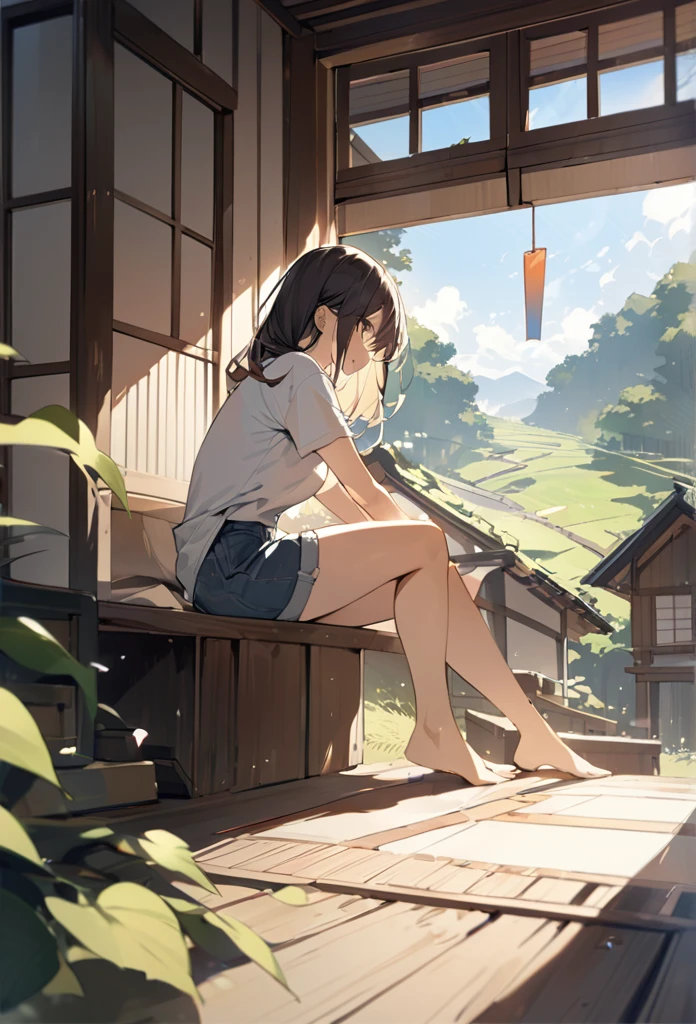 summer、Japanese countryside house、sitting on the edge。bucolic、Background of nature、Style、Countryside view、T-shirt girl、wind chimes、、One Girl、sunlight、Dynamic Angle((masterpiece,Highest quality))、
